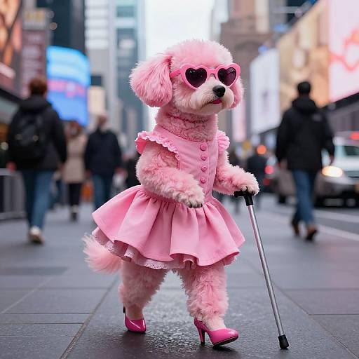 Photograph of a pink fluffy dog in a frilled pink dress, heart-shaped sunglasses, and pink heels, using a cane, walking on a bustling