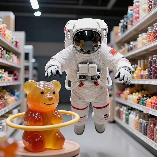 Photograph of a realistic astronaut suit floating in a brightly lit candy store aisle, with a large, glowing orange teddy bear on a pedestal in the