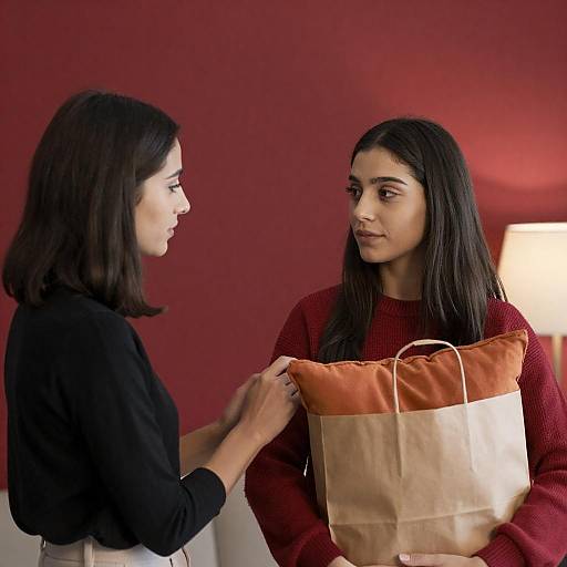 Two Women by Red Wall with Lamp