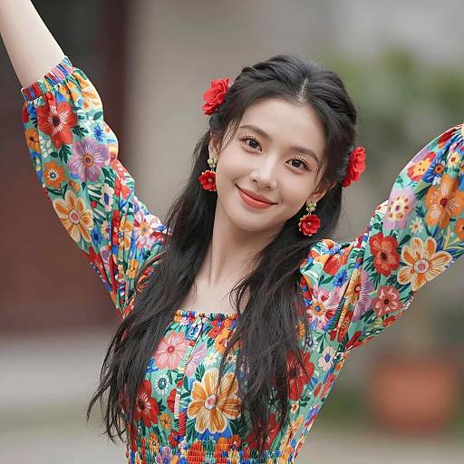 Smiling Asian Woman in Floral Dress