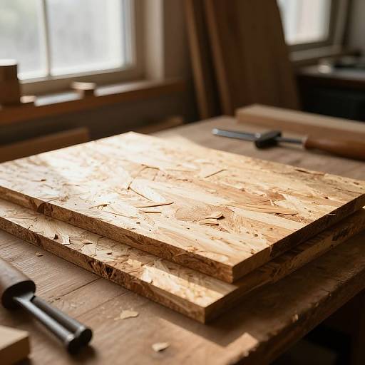 Photograph of two stacked, sunlit wooden planks on a workbench, with a black marker and a wooden tool in the background.