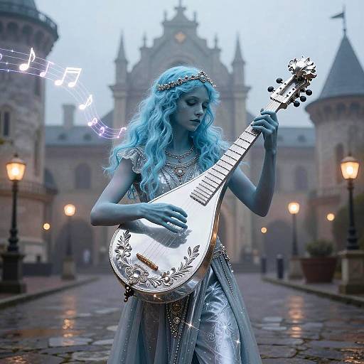 Fantastical Phantom Bard in Foggy Plaza
