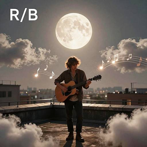 Photograph of a curly-haired musician playing guitar on a rooftop at night, with a glowing full moon, musical notes, and cityscape in the background