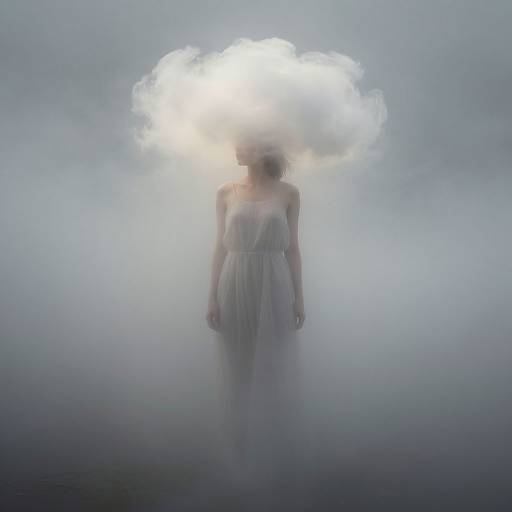 Photograph of a woman with a glowing, cloud-like headpiece, wearing a white, strapless dress, standing in a misty, ethereal
