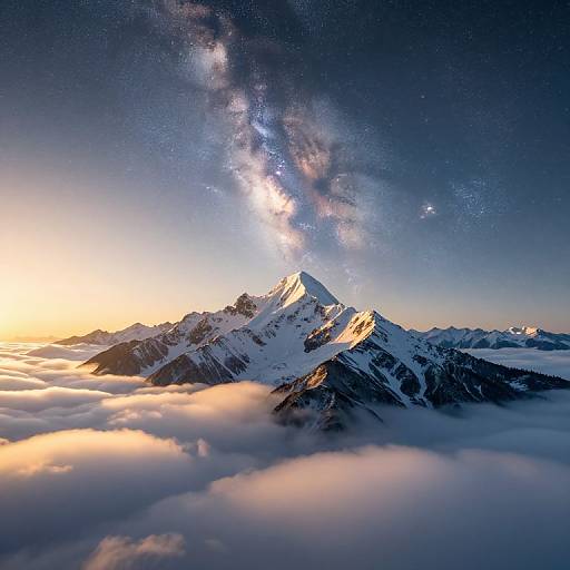 Photograph of a snow-capped mountain peak with the Milky Way stretching above, surrounded by fluffy clouds at sunrise, blending golden light and dark sky.