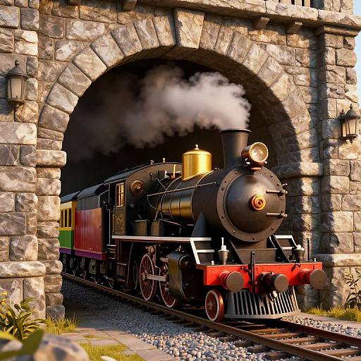 Photorealistic image of a vintage black steam locomotive with red accents emerging from a stone archway tunnel, emitting white steam.