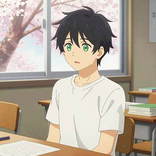 Anime-style drawing of a young boy with black hair and green eyes, wearing a white t-shirt, sitting in a classroom with a window showing a tree