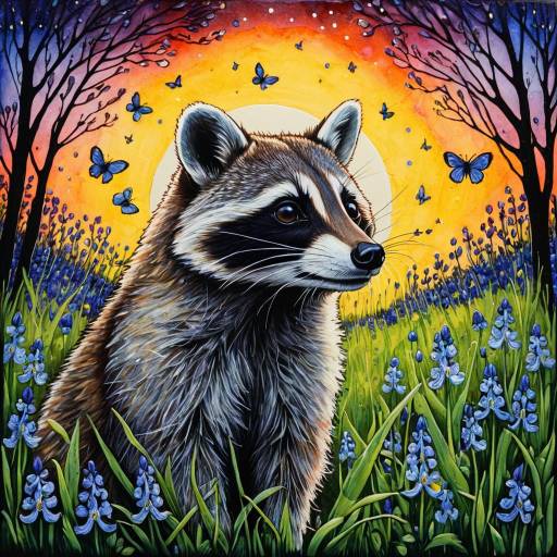 Expressive Raccoon in Enchanted Bluebell Field