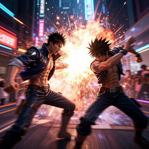 Digital anime-style artwork of two muscular, spiky-haired men in dark jackets, fighting in a neon-lit city street, exploding in a fiery explosion
