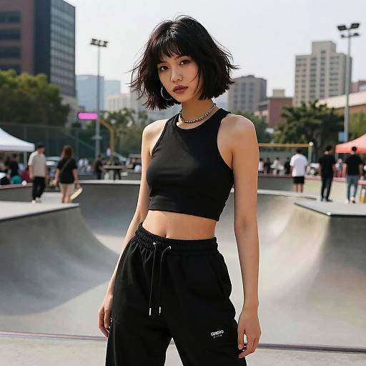 Photograph of an Asian woman with short black hair, wearing a black crop top and black sweatpants, standing in a sunlit urban skate park with