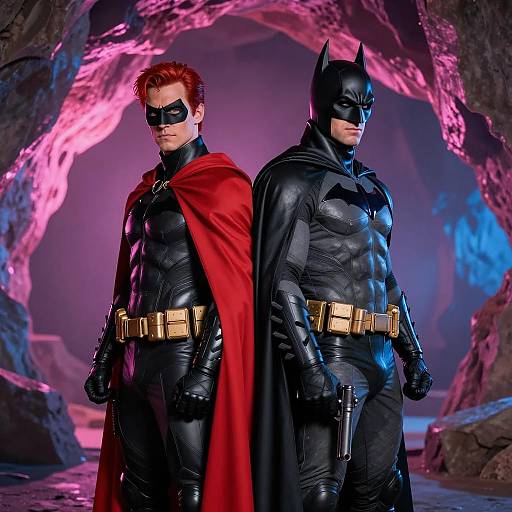 Two Men in Batman Costumes in Neon-Lit Cave