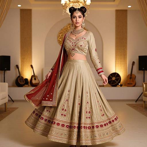 Photograph of a South Asian woman in a gold and red traditional lehenga, adorned with intricate embroidery, standing in a luxurious room with musical instruments and