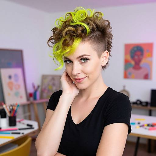Photograph of a smiling, fair-skinned woman with short, curly brown hair and vibrant neon green highlights, wearing a black V-neck shirt, in