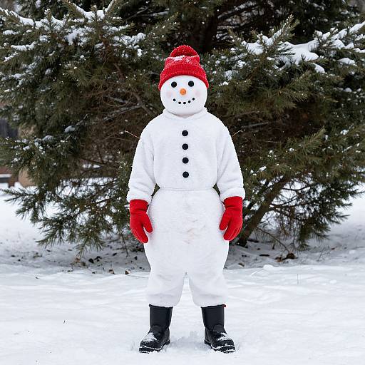 Photograph of a snowman costume with red hat, gloves, and buttons, standing in snowy park against a snow-covered pine tree.
