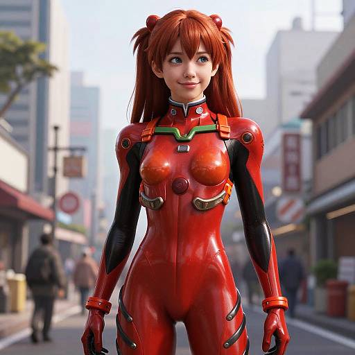 CGI of Asuka Langley Soryu from Evangelion in a red, form-fitting plugsuit, standing confidently on a busy, blurred