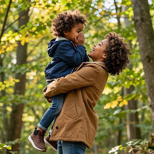 Photograph of a curly-haired Black mother in a brown jacket, joyfully lifting her curly-haired son in a navy jacket, amidst a sunlit,