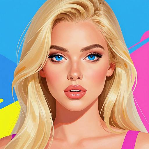 Bright digital illustration of a blonde woman with blue eyes, glossy pink lips, and wavy hair against a vibrant blue and yellow background. Pop art style