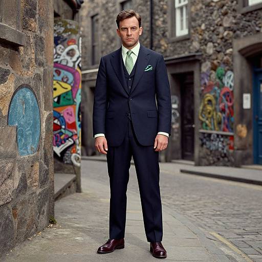 Photograph of a handsome, young Caucasian man in a dark navy suit, green tie, white shirt, standing on a graffiti-covered, cobblestone
