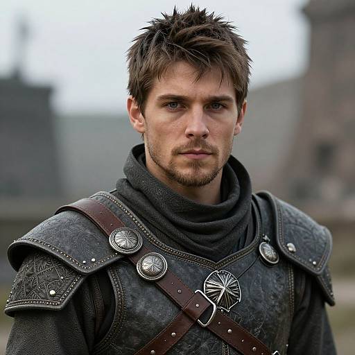 Photograph of a handsome, rugged man with messy brown hair and beard, wearing medieval armored leather with silver accents, standing outdoors.