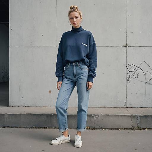 Woman Wearing Low-Rise Baggy Jeans and Blue Sweatshirt
