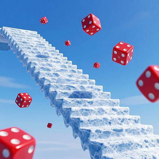 Digital artwork of a crystalline staircase ascending into a bright blue sky, surrounded by floating red dice with white dots.