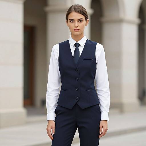 Photograph of a serious, young woman with brown hair in a neat bun, wearing a white shirt and black vest with tie, standing in front of