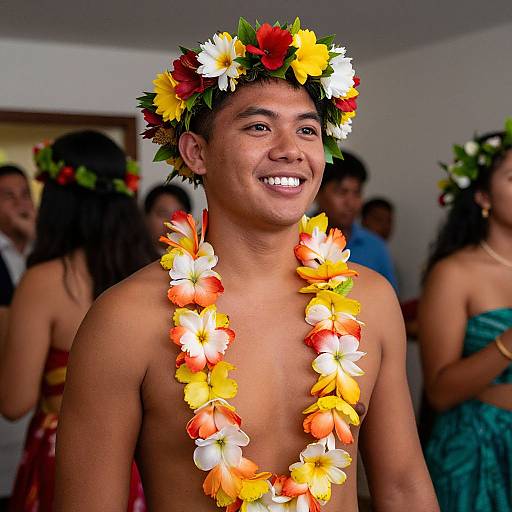 Photograph of a smiling Asian man with medium brown skin, wearing a colorful flower crown and lei, standing in a festive indoor setting with other people in