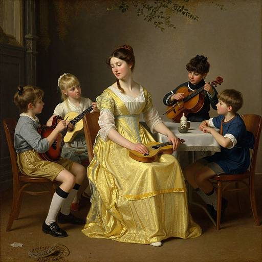 Oil painting of a Victorian-style family scene: a woman in a yellow dress sits with four children playing string instruments around a table.