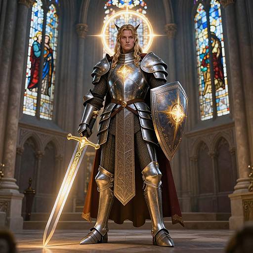 Photorealistic CGI of a blonde woman in shining medieval armor with a glowing sword and shield, standing in a grand, stained-glass cathedral.