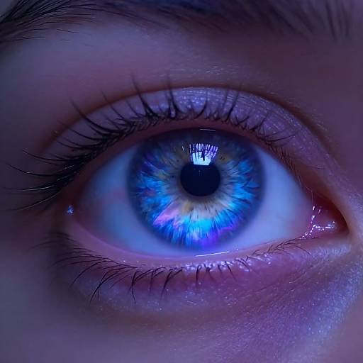 Close-up photograph of a vivid blue eye with detailed iris, long black eyelashes, and pinkish skin, glowing under blue light.
