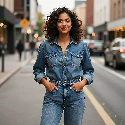 Photograph of a smiling curly-haired woman in a blue denim button-up jumpsuit, standing on a blurred urban street with cars and buildings in the background