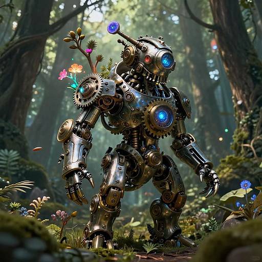 Photorealistic CGI: Steampunk robot with glowing blue and red eyes, adorned with flowers, stands in a lush, sunlit forest.