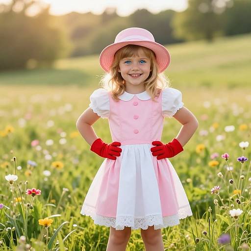 Photograph of a smiling young girl in a pink hat, pink-white dress, and red gloves, standing in a sunlit meadow with colorful wild
