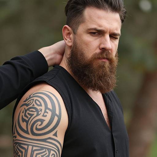 Photograph of a bearded, muscular man with dark hair, wearing a black sleeveless shirt, showcasing a large tribal tattoo on his right arm,