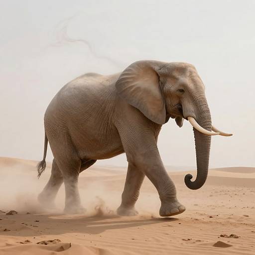 Photograph of a large, gray African elephant with long white tusks walking through a dusty, orange desert, kicking up sand with its front leg.