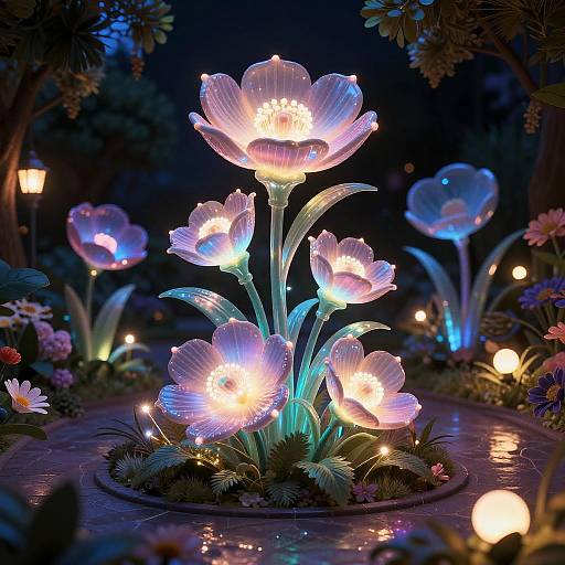 Bioluminescent Bioengineered Floral Sculpture at Night