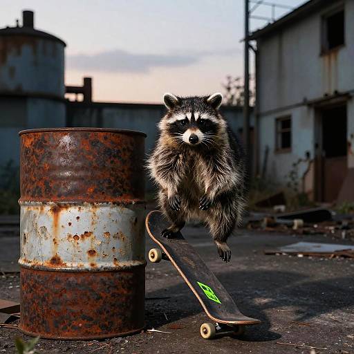 Photograph of a fluffy raccoon mid-jump over a skateboard, positioned next to a rusted metal barrel in an urban, industrial background at dusk