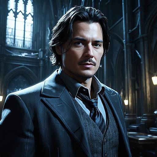 Fantasy Portrait of Dark Hero in Gothic Interior