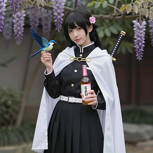 Elegant Schoolgirl with a Blue Bird