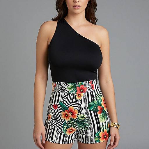 Photograph of a woman with medium skin tone wearing a black one-shoulder top and high-waisted, zebra-print shorts with vibrant orange