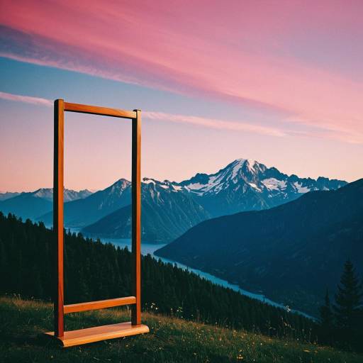 Wooden Frame on Mountain Landscape at Sunset