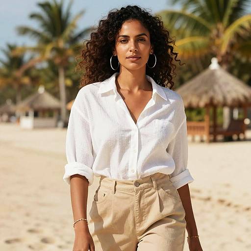 Photograph of a confident woman with curly black hair, wearing a white button-up shirt and beige pants, standing on a sunny beach with palm trees and