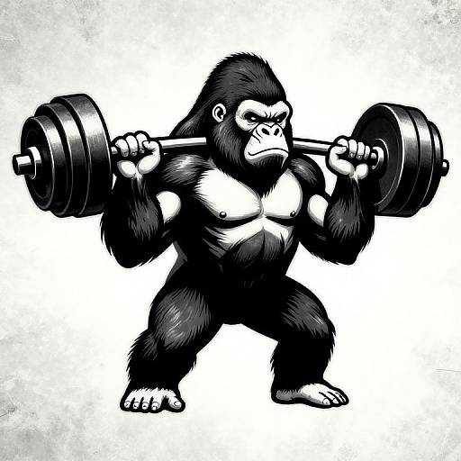 Black-and-white digital illustration of a muscular gorilla lifting a heavy barbell, standing on two legs, displaying strength and determination.