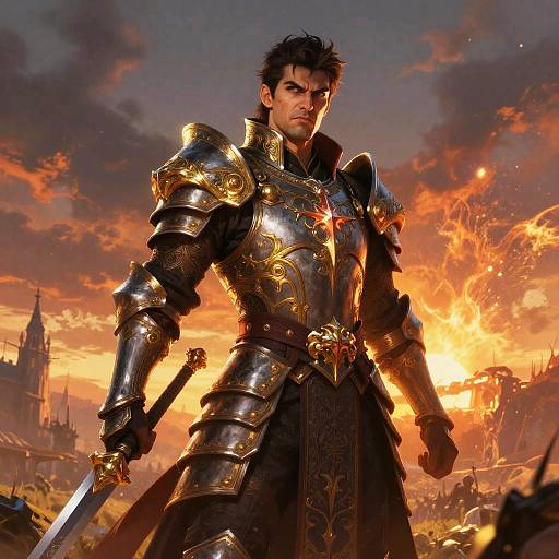 Photorealistic digital art of a fierce, dark-haired knight in ornate gold and black armor, holding a sword, standing amidst a fiery sunset battlefield