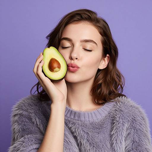 Photograph of a fair-skinned woman with wavy brown hair, wearing a gray fuzzy sweater, kissing a halved ripe avocado with closed eyes,