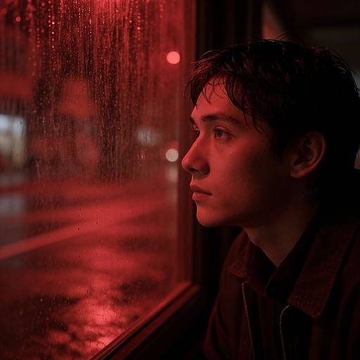 Photograph of a young man with wet, dark hair, gazing pensively out a rain-soaked window, bathed in red neon light.