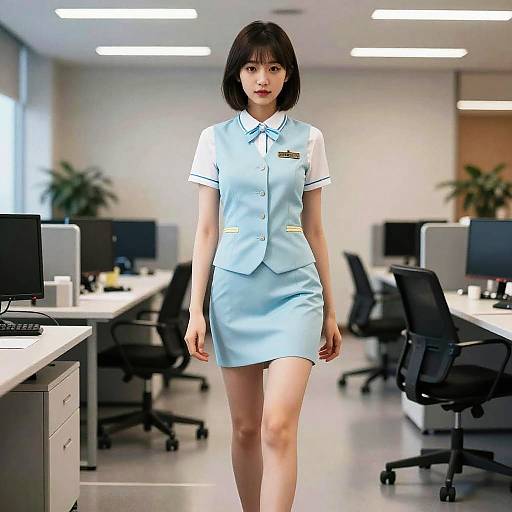 Photograph of an Asian woman with short black hair in a light blue, short-sleeved, button-up airline uniform, standing in a modern,