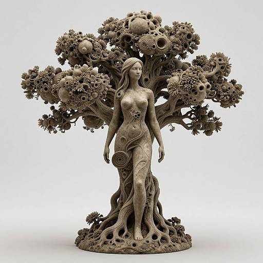 Sculpture of a serene, nude woman with flowing hair standing amidst a intricately detailed, fantastical tree adorned with gears, bones, and