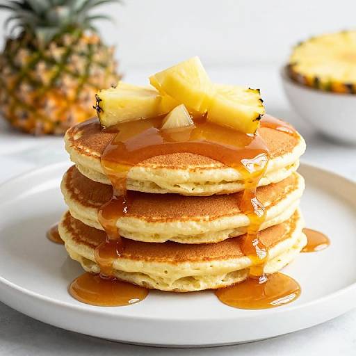 Photograph of golden-brown pancake stack with caramel syrup and pineapple chunks on a white plate, background includes blurred pineapple.