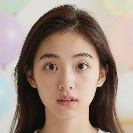 Photograph of an Asian woman with fair skin, dark brown eyes, and long black hair, looking directly at the camera with a neutral expression, against